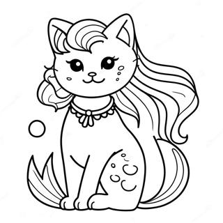 Elegant Mermaid Cat With Flowing Hair Coloring Page रंग भरने वाले पृष्ठ